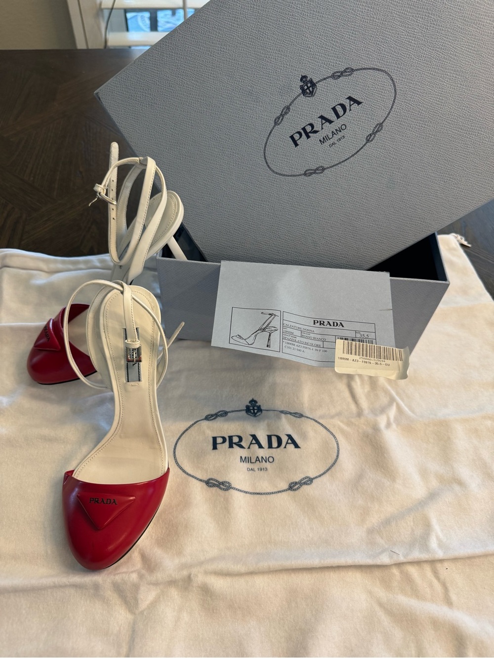 Prada Red Patent Toe White Ankle-Strap Pumps